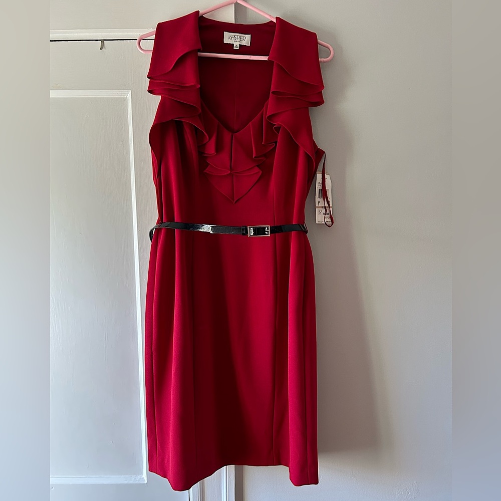 Kasper Red Ruffled Midi Dress with Belt